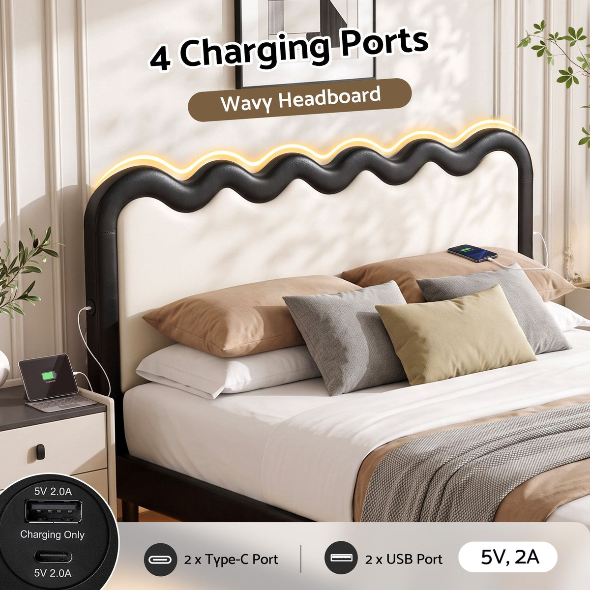 Artiss Queen Floating Bed Frame RGB LED Lights USB-C Charging Wooden Slats Black
