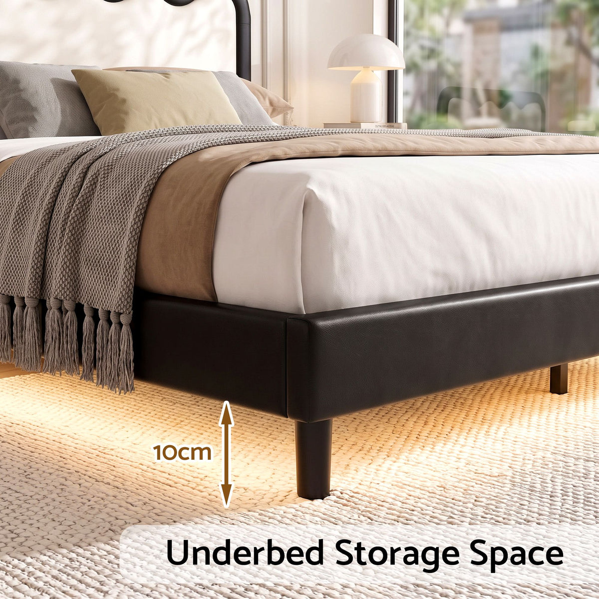 Artiss Queen Floating Bed Frame RGB LED Lights USB-C Charging Wooden Slats Black