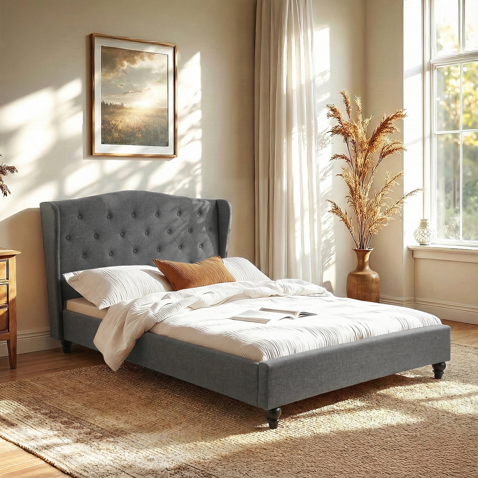 Double Bed Frame with Wingback Headboard Grey Linen Upholstered Platform Bed Base