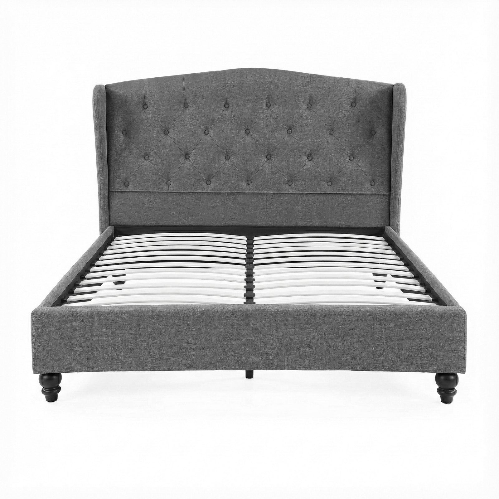 Double Bed Frame with Wingback Headboard Grey Linen Upholstered Platform Bed Base