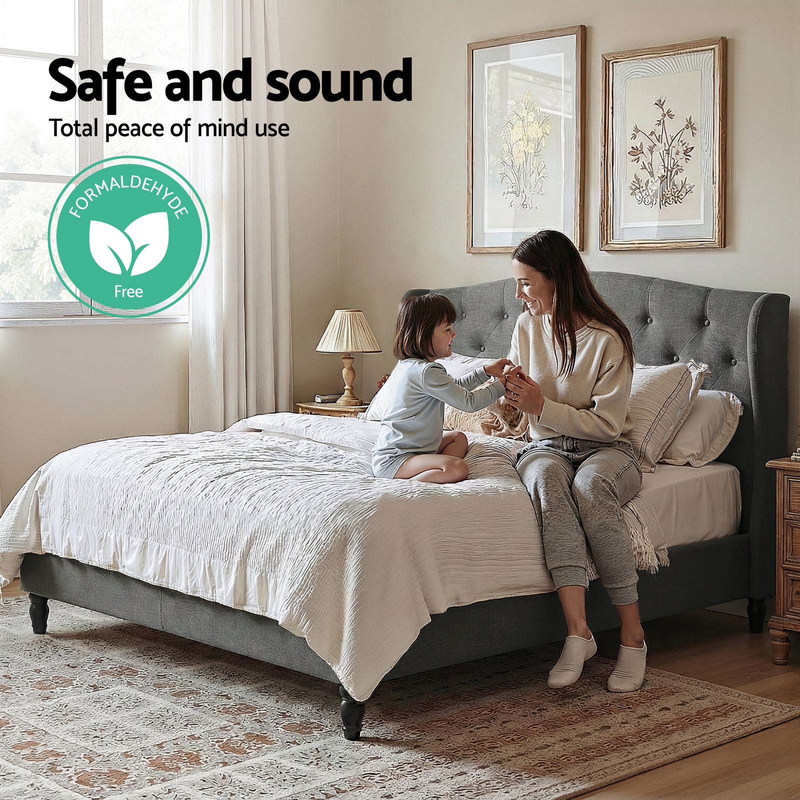 Double Bed Frame with Wingback Headboard Grey Linen Upholstered Platform Bed Base