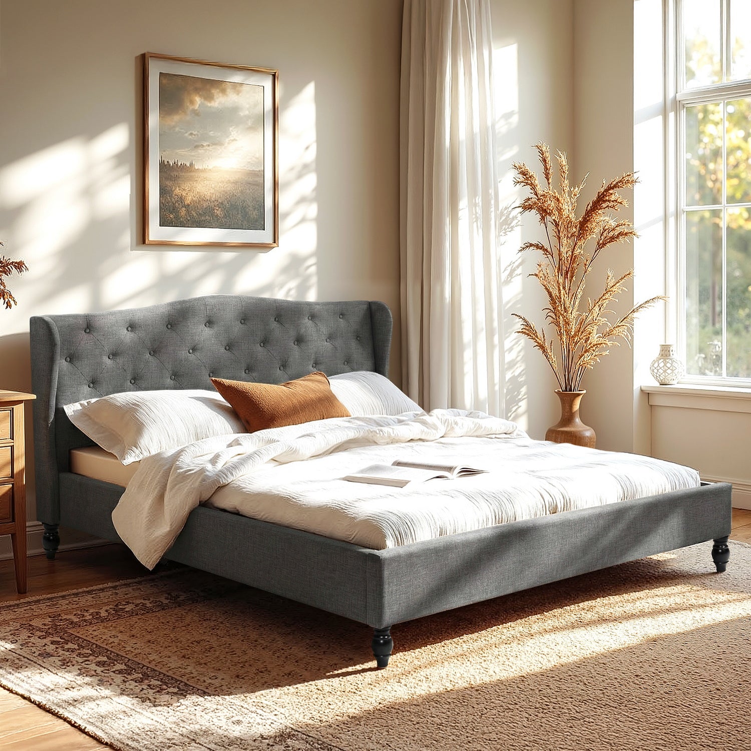 King Bed Frame with Wingback Headboard Grey Linen Upholstered Platform Bed Base