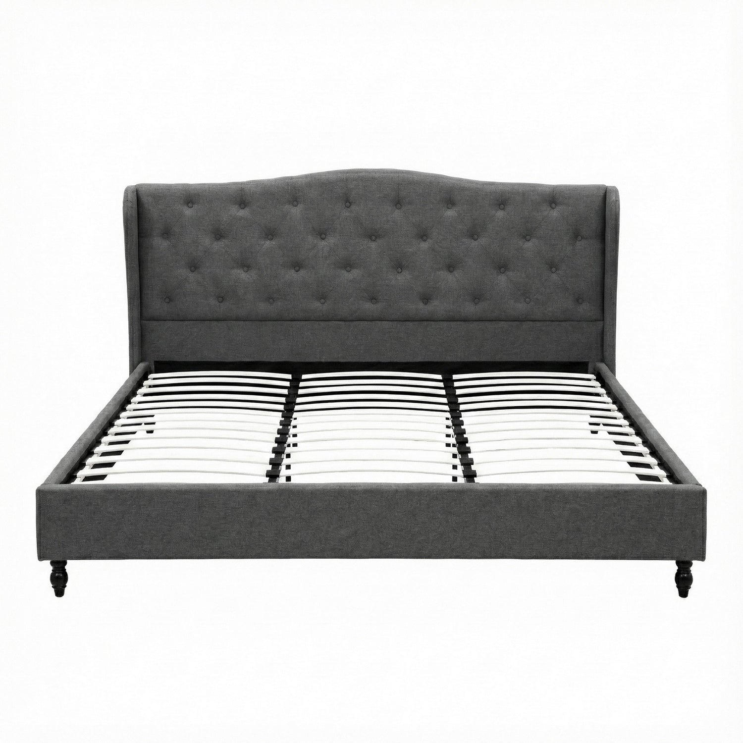King Bed Frame with Wingback Headboard Grey Linen Upholstered Platform Bed Base