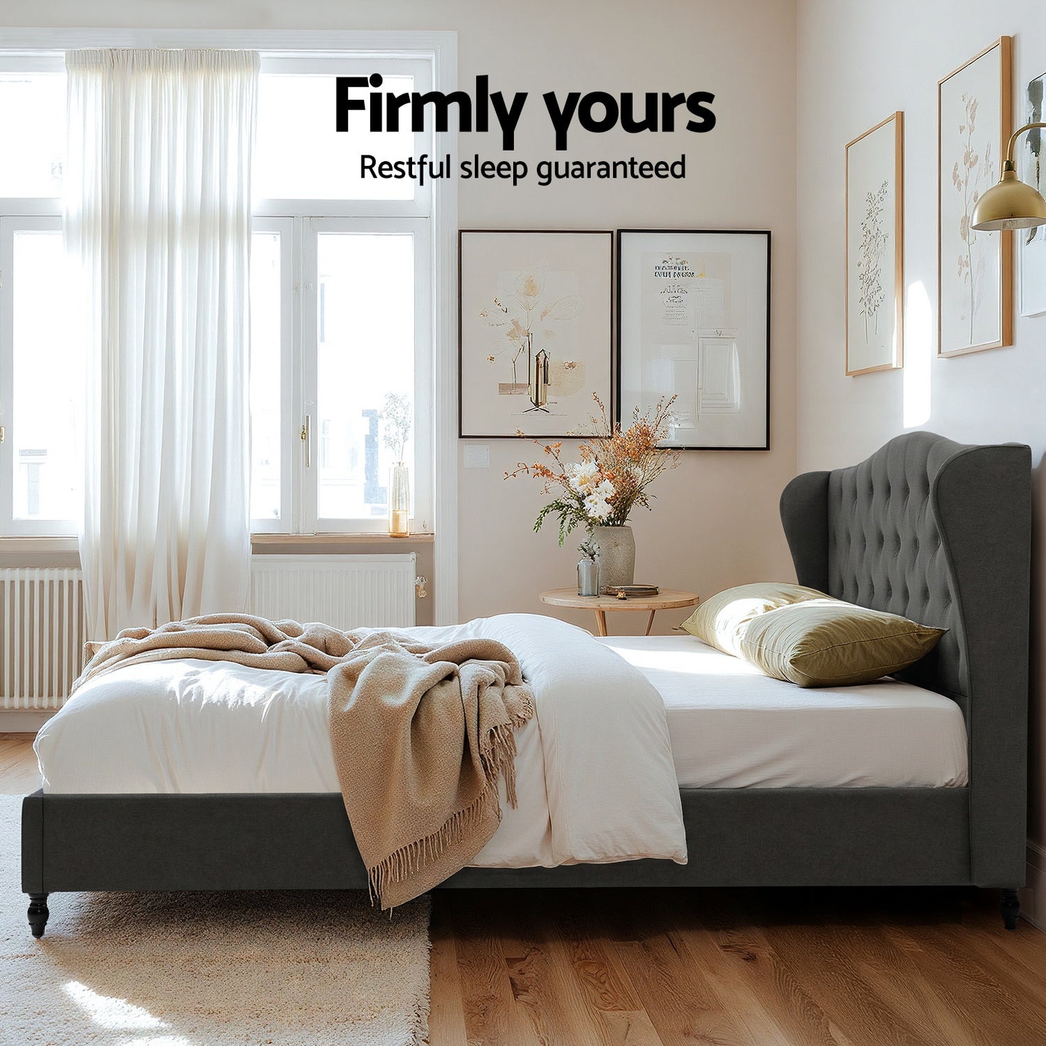 King Bed Frame with Wingback Headboard Grey Linen Upholstered Platform Bed Base