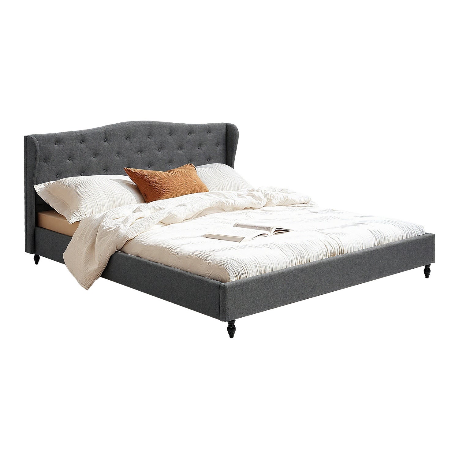 King Bed Frame with Wingback Headboard Grey Linen Upholstered Platform Bed Base