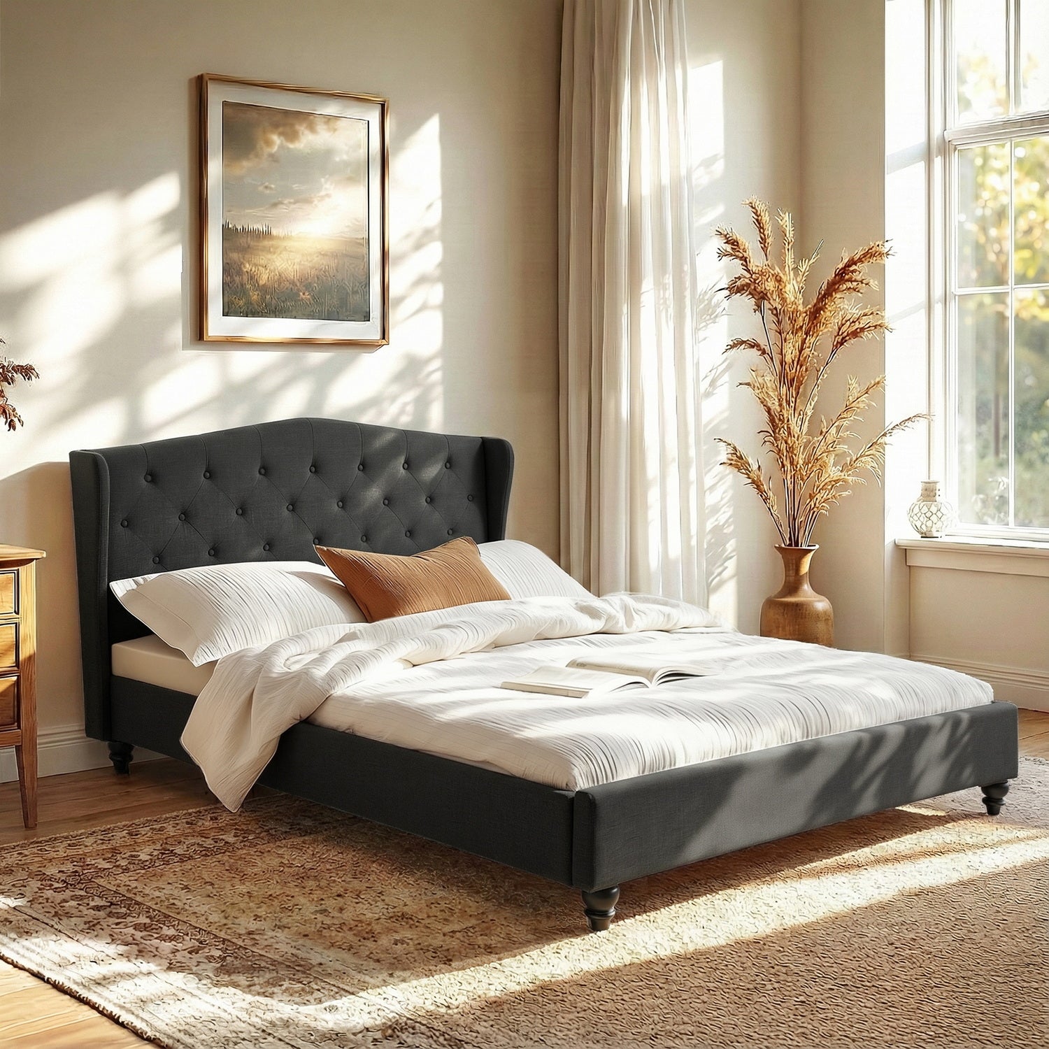 Queen Bed Frame Wingback Headboard Charcoal Grey Linen Upholstered Platform Bed Base