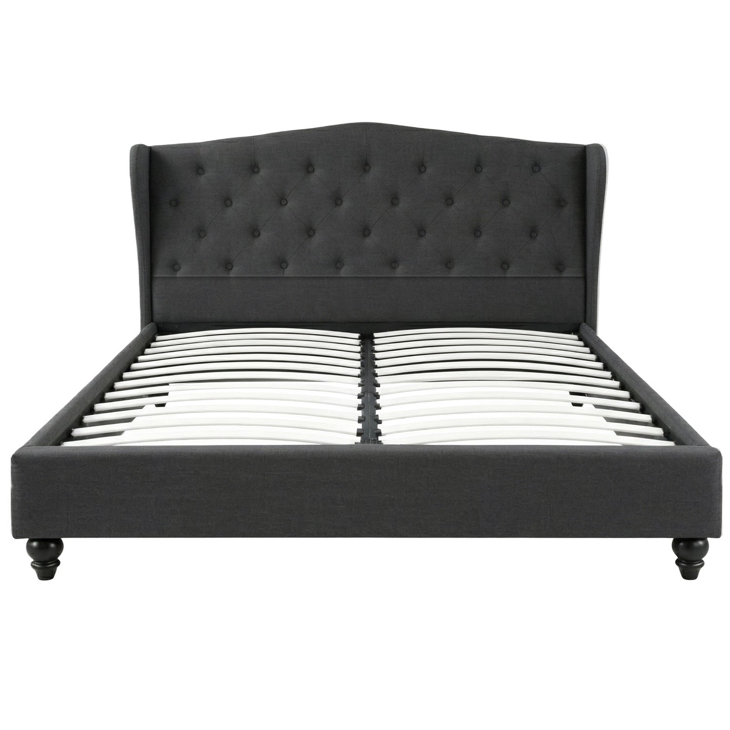 Queen Bed Frame Wingback Headboard Charcoal Grey Linen Upholstered Platform Bed Base