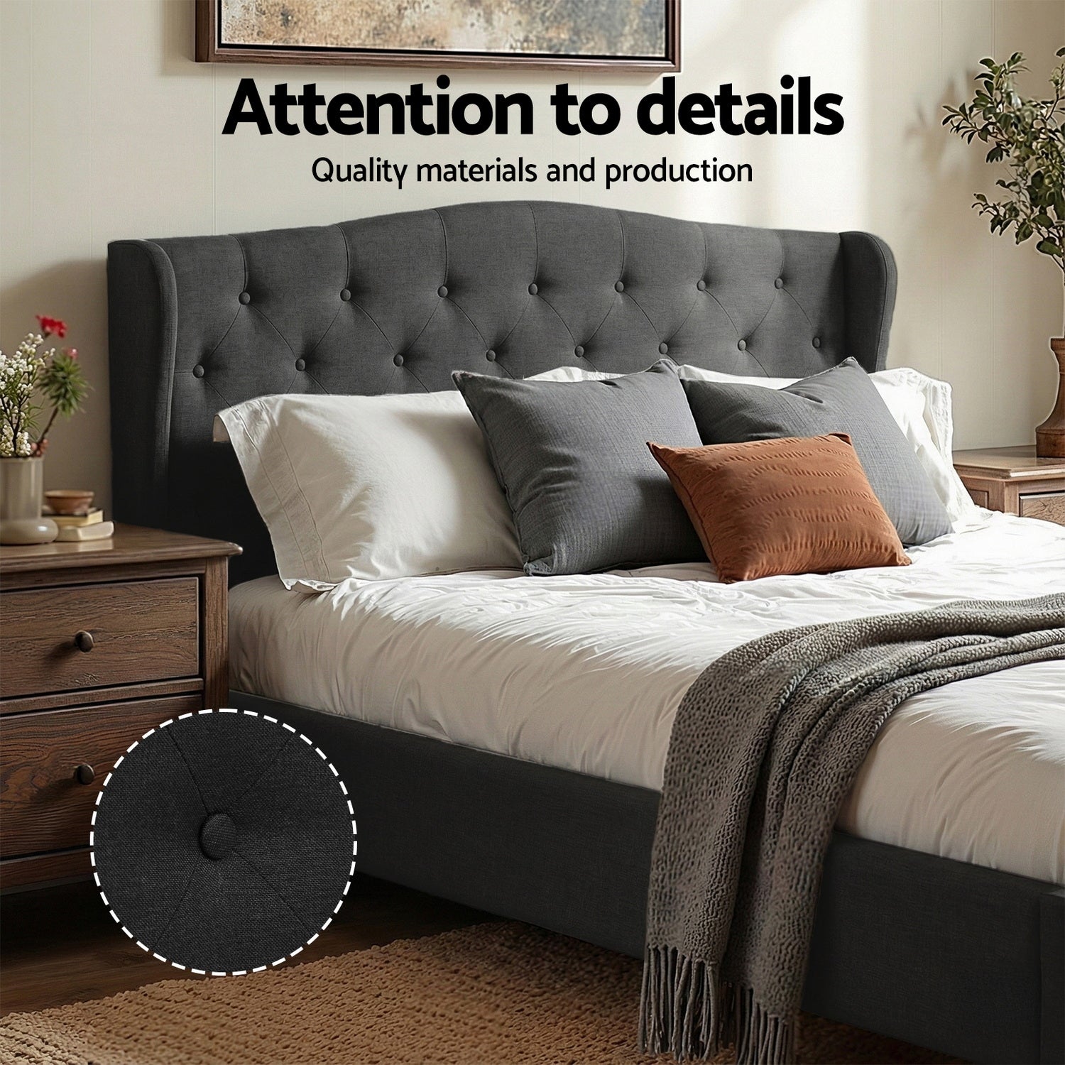 Queen Bed Frame Wingback Headboard Charcoal Grey Linen Upholstered Platform Bed Base