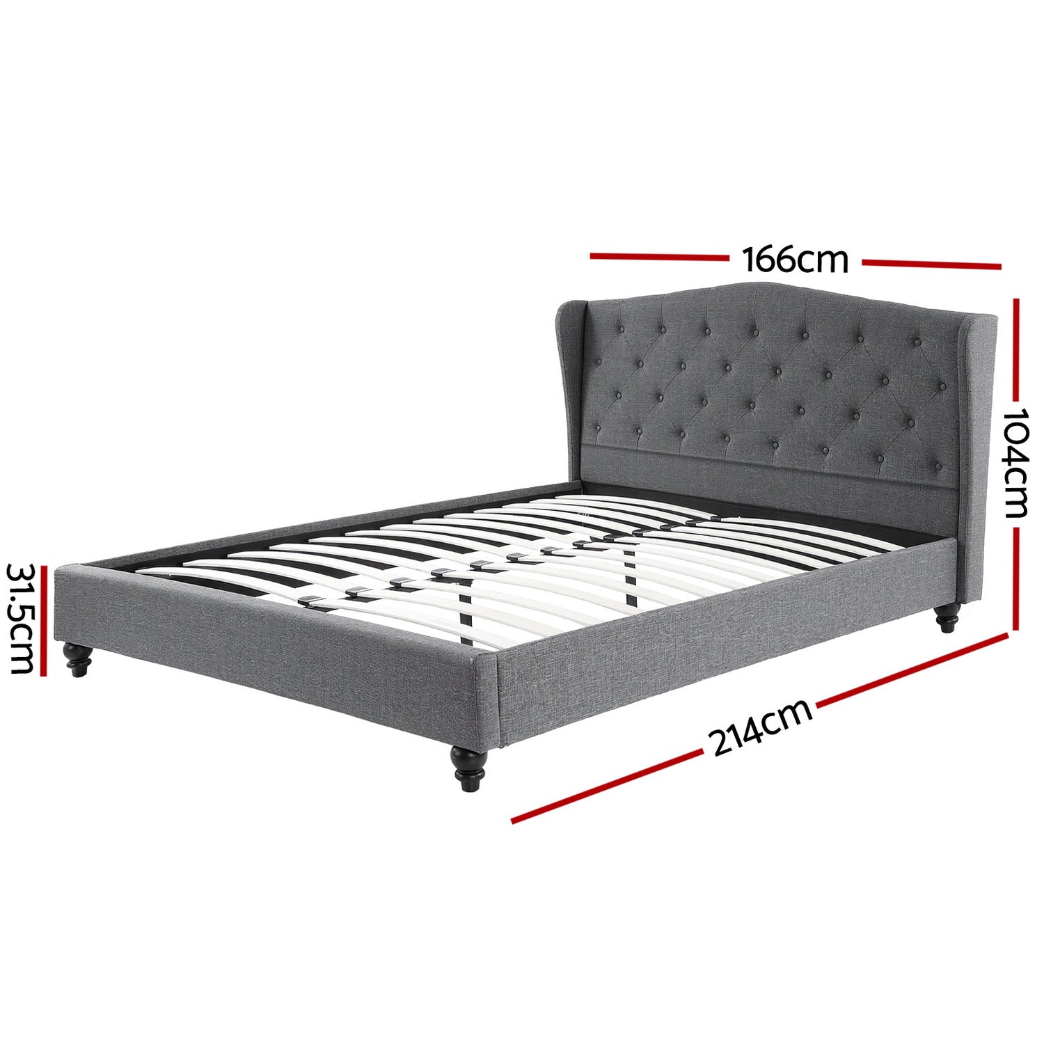 Queen Bed Frame with Wingback Headboard Grey Linen Upholstered Platform Bed Base