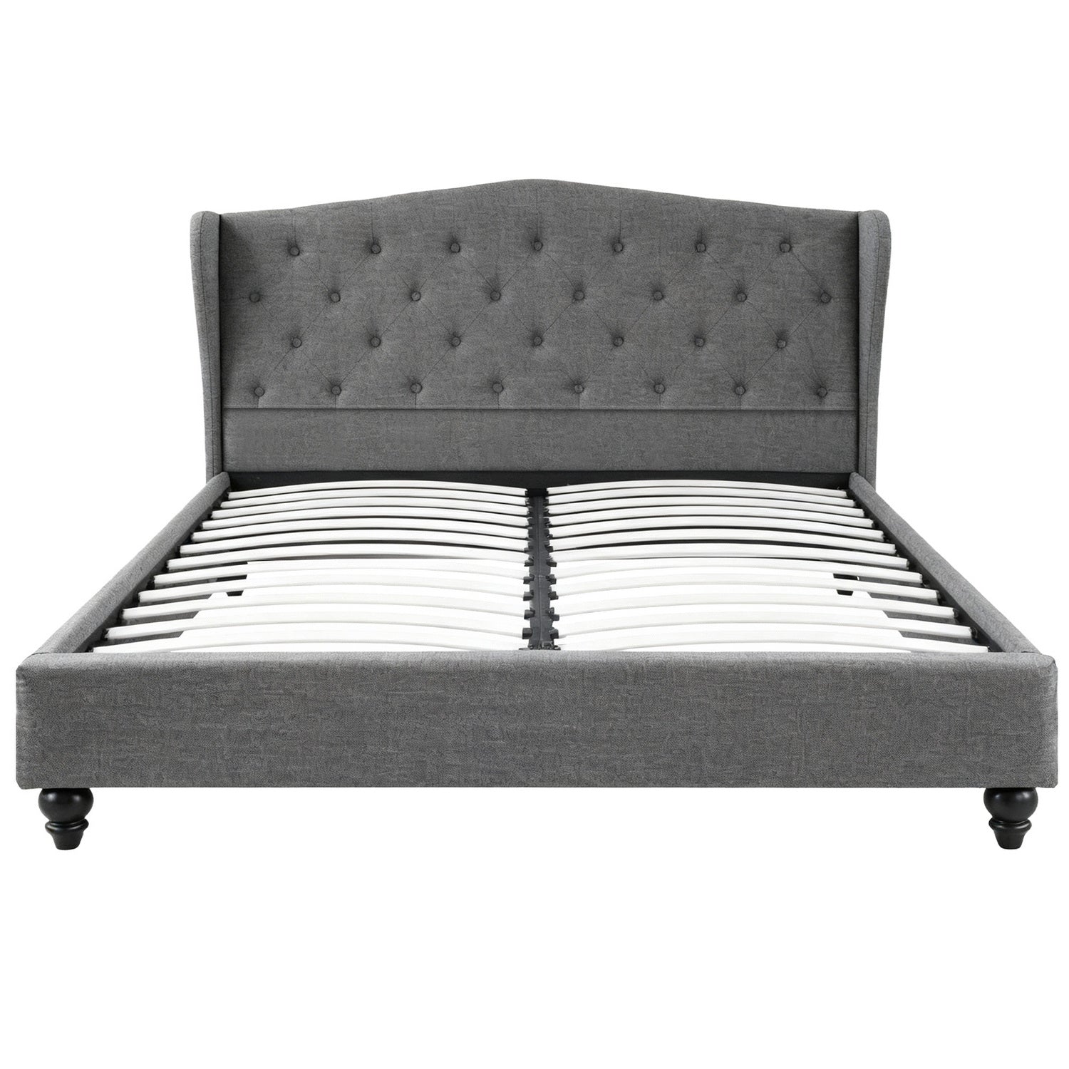 Queen Bed Frame with Wingback Headboard Grey Linen Upholstered Platform Bed Base
