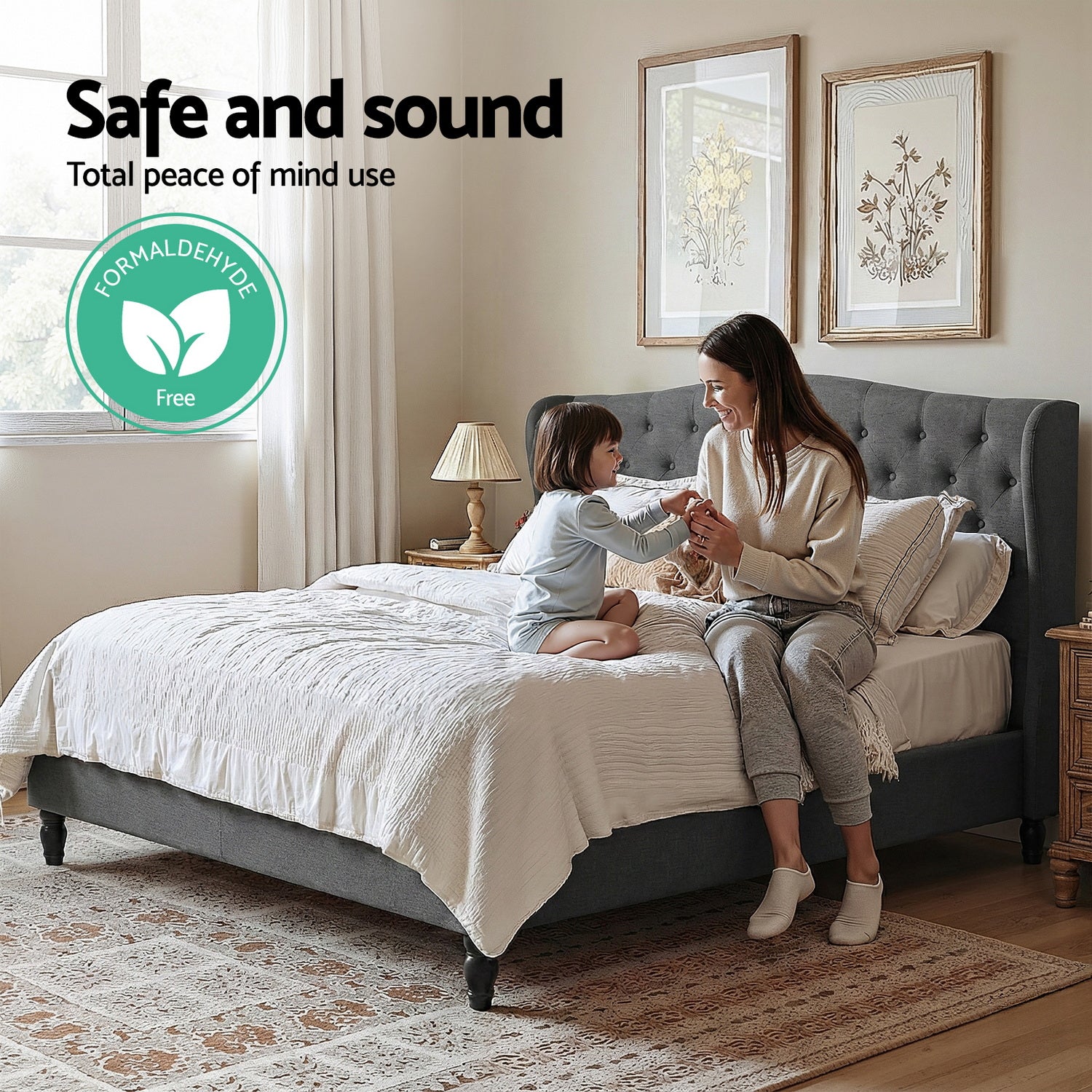 Queen Bed Frame with Wingback Headboard Grey Linen Upholstered Platform Bed Base