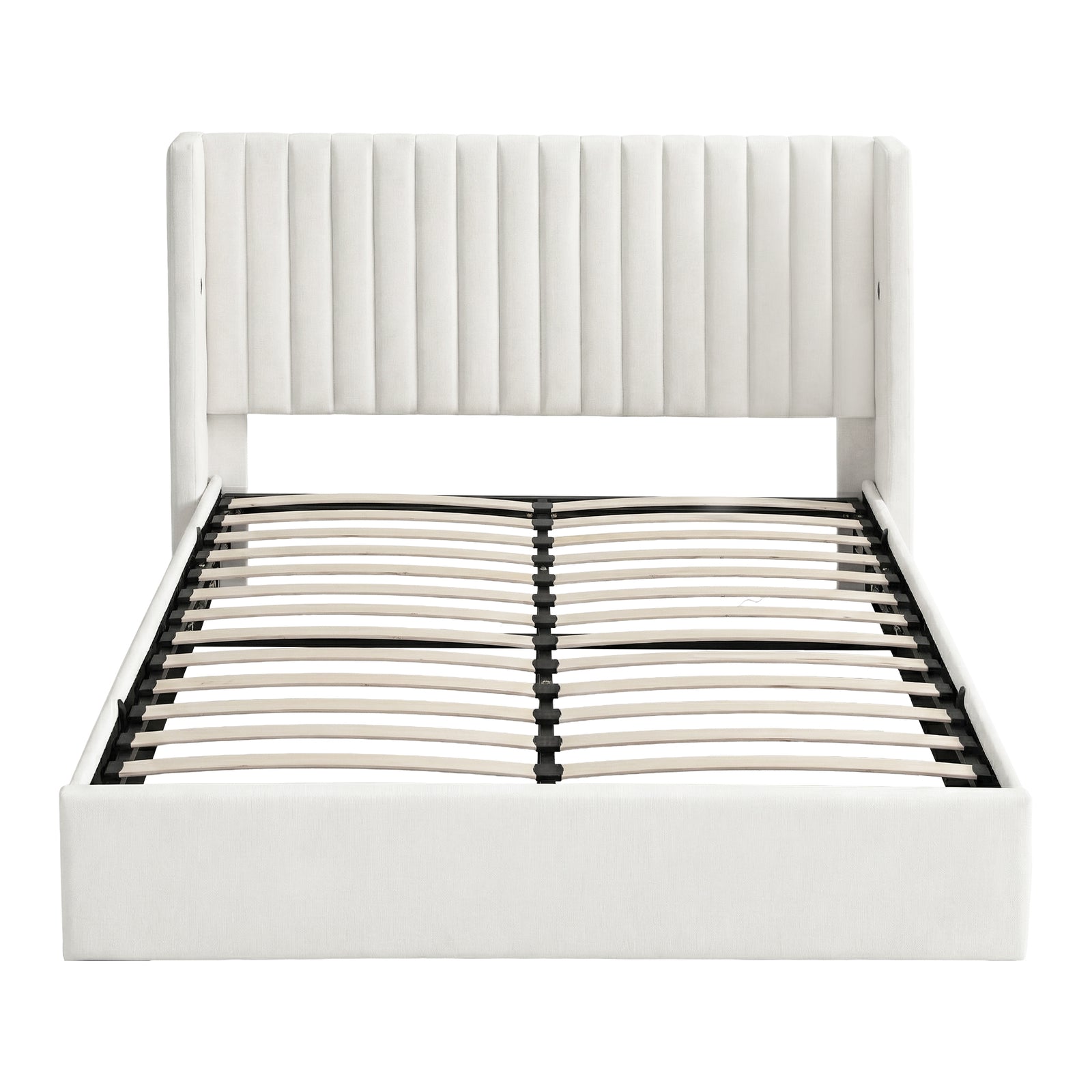 Double Bed Frame with Gaslift Storage USB Type-C Charging Ports Velvet Upholstery White