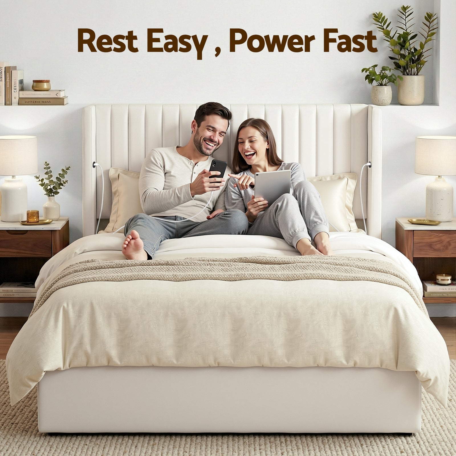 Double Bed Frame with Gaslift Storage USB Type-C Charging Ports Velvet Upholstery White