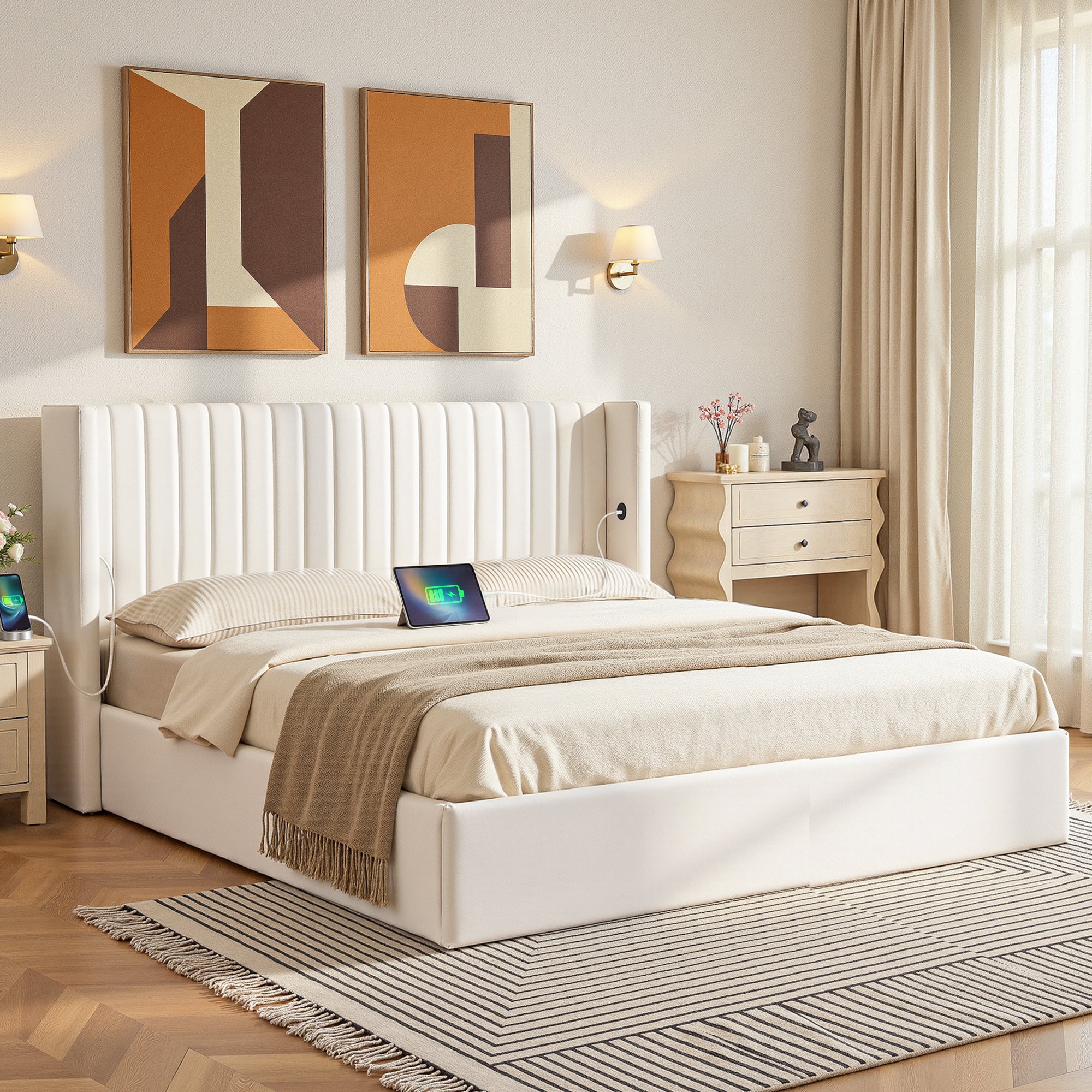 King Bed Frame with Gaslift Storage USB Type-C Charging Ports Velvet Upholstery White