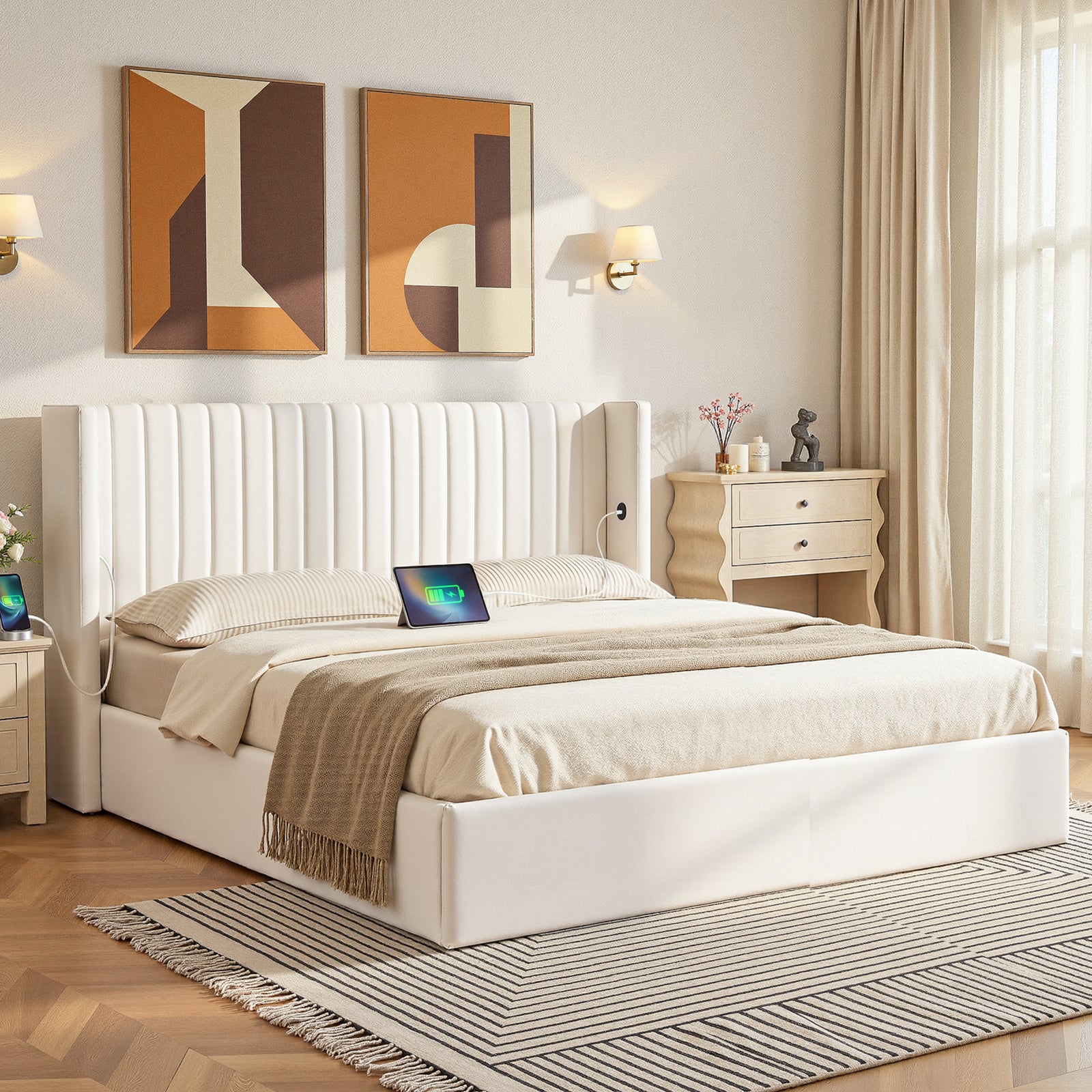 King Bed Frame with Gaslift Storage USB Type-C Charging Ports Velvet Upholstery White