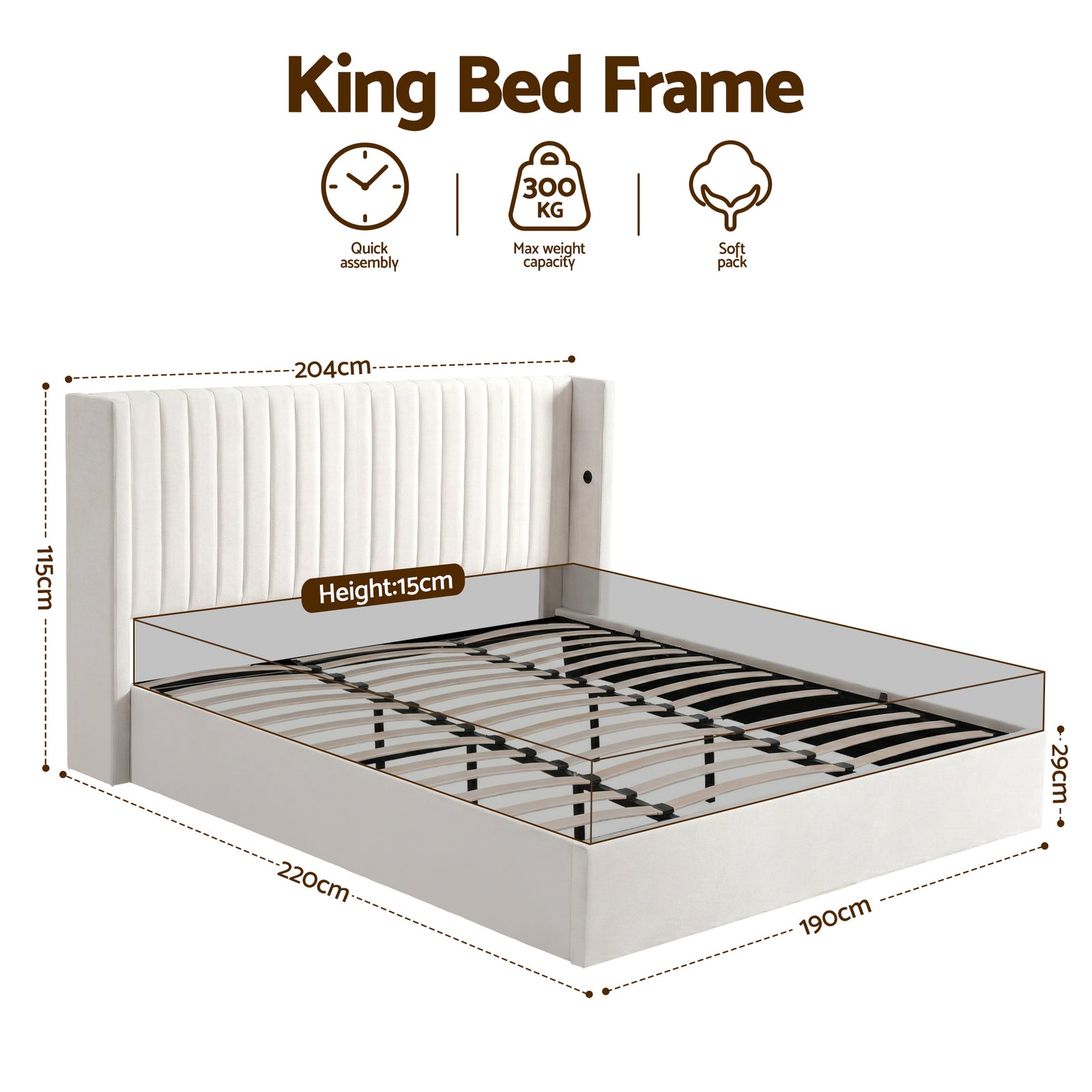 King Bed Frame with Gaslift Storage USB Type-C Charging Ports Velvet Upholstery White