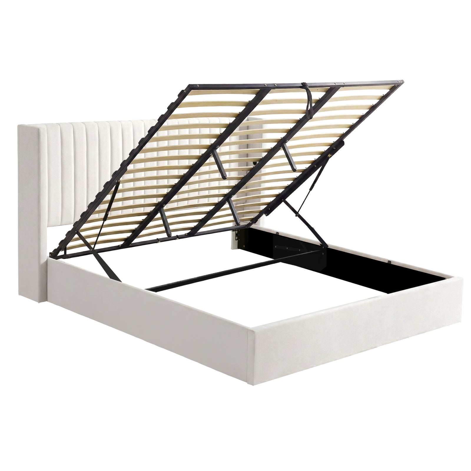 King Bed Frame with Gaslift Storage USB Type-C Charging Ports Velvet Upholstery White
