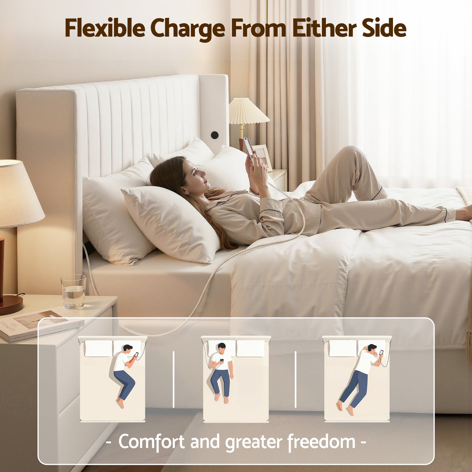 King Bed Frame with Gaslift Storage USB Type-C Charging Ports Velvet Upholstery White