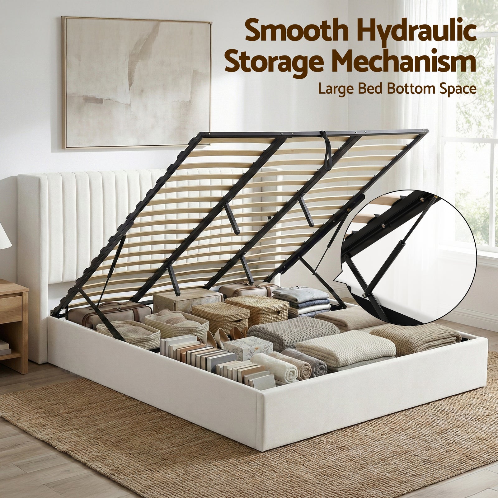 King Bed Frame with Gaslift Storage USB Type-C Charging Ports Velvet Upholstery White