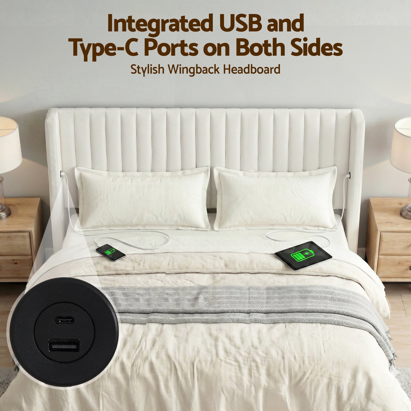 King Bed Frame with Gaslift Storage USB Type-C Charging Ports Velvet Upholstery White