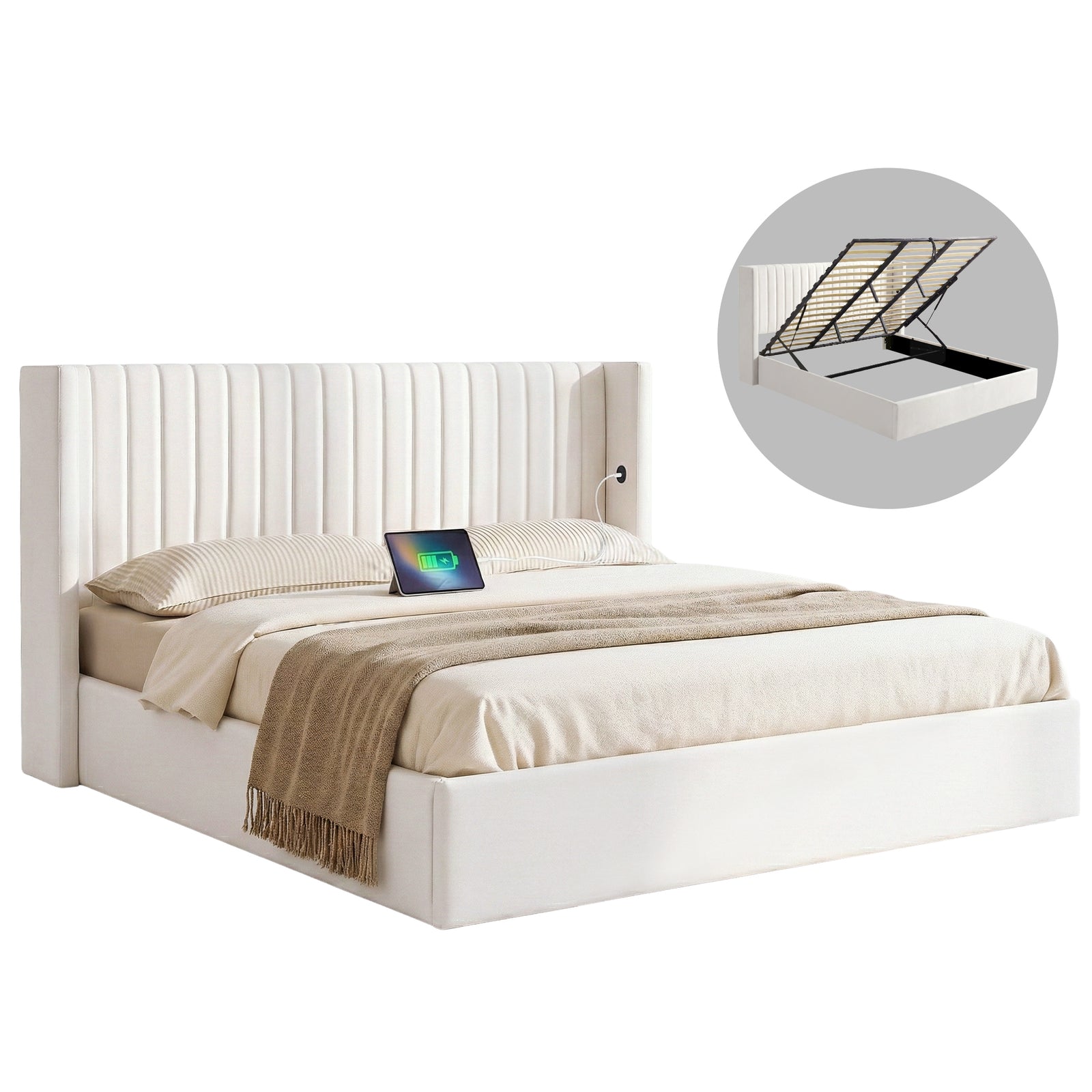 King Bed Frame with Gaslift Storage USB Type-C Charging Ports Velvet Upholstery White