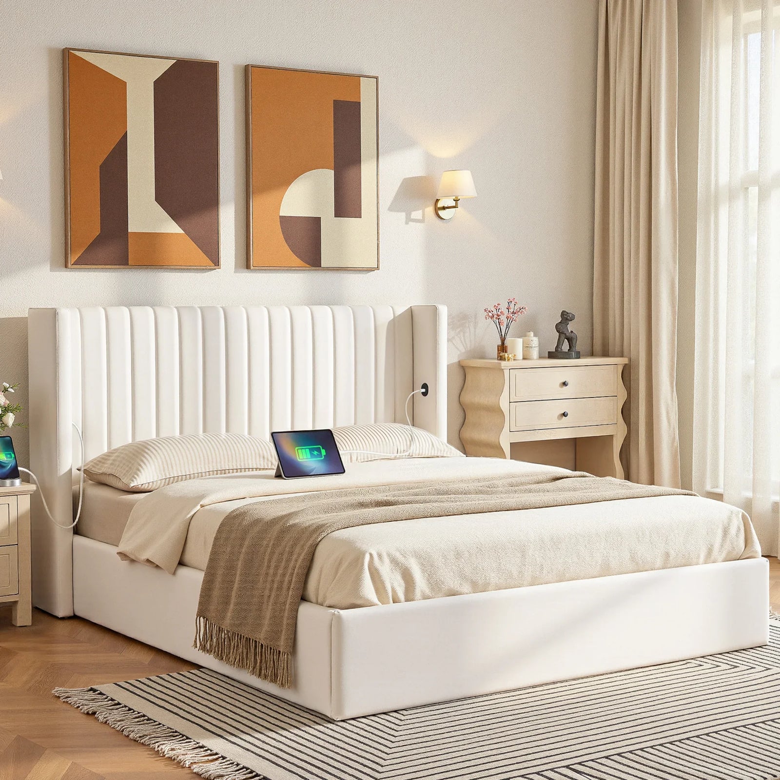 Queen Bed Frame with Gaslift Storage USB Type-C Charging Ports Velvet Upholstery White