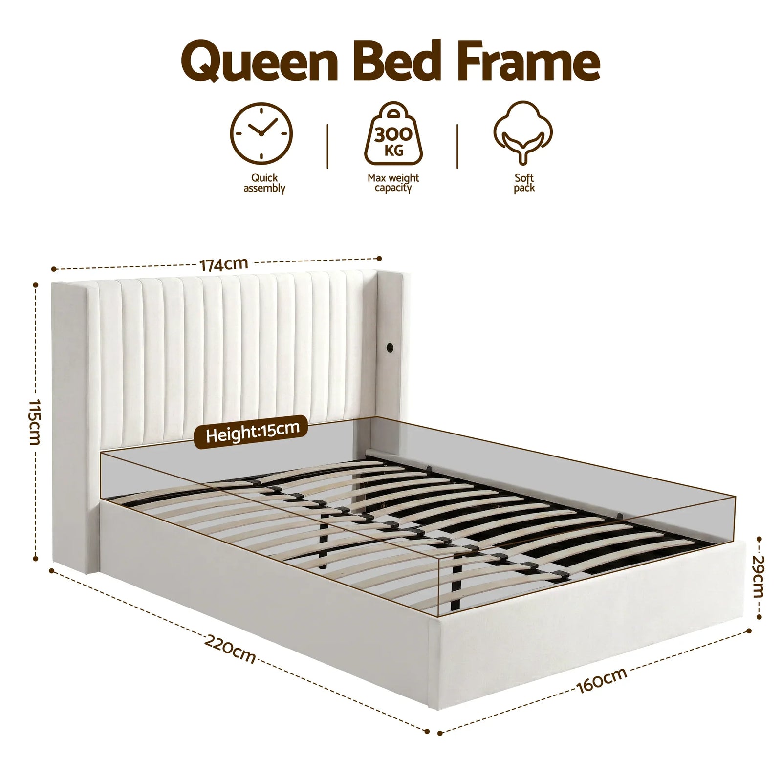 Queen Bed Frame with Gaslift Storage USB Type-C Charging Ports Velvet Upholstery White