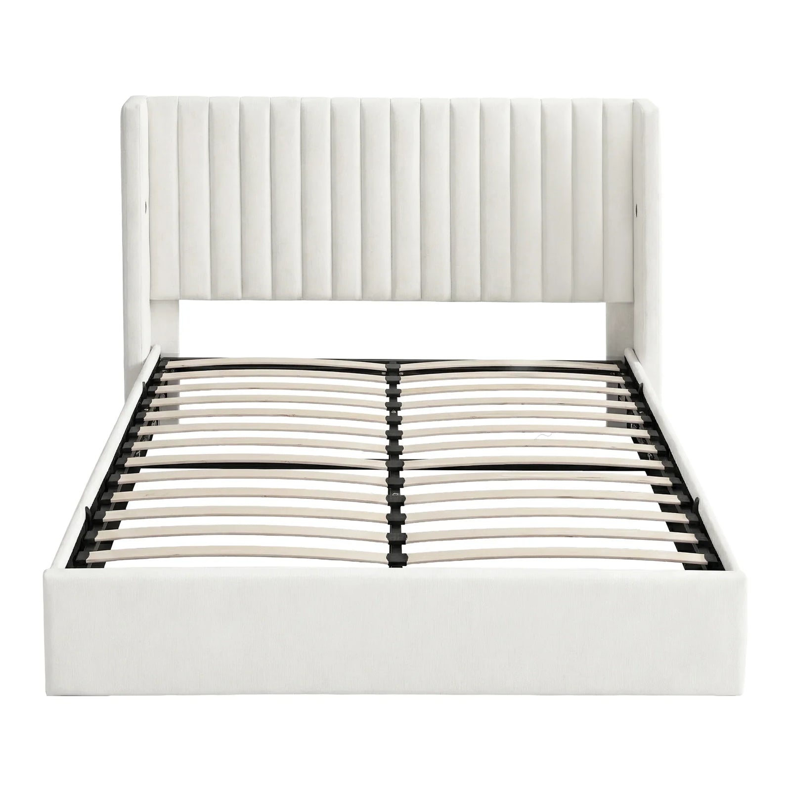 Queen Bed Frame with Gaslift Storage USB Type-C Charging Ports Velvet Upholstery White