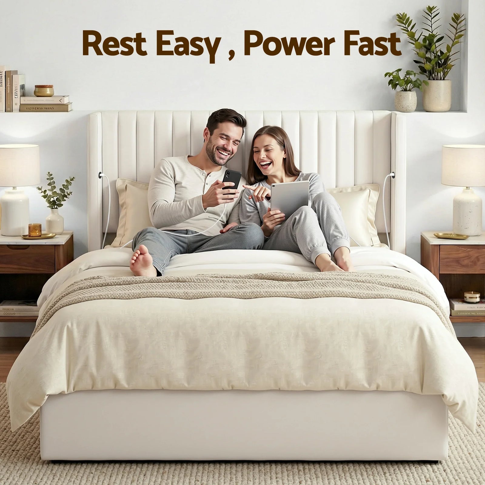 Queen Bed Frame with Gaslift Storage USB Type-C Charging Ports Velvet Upholstery White