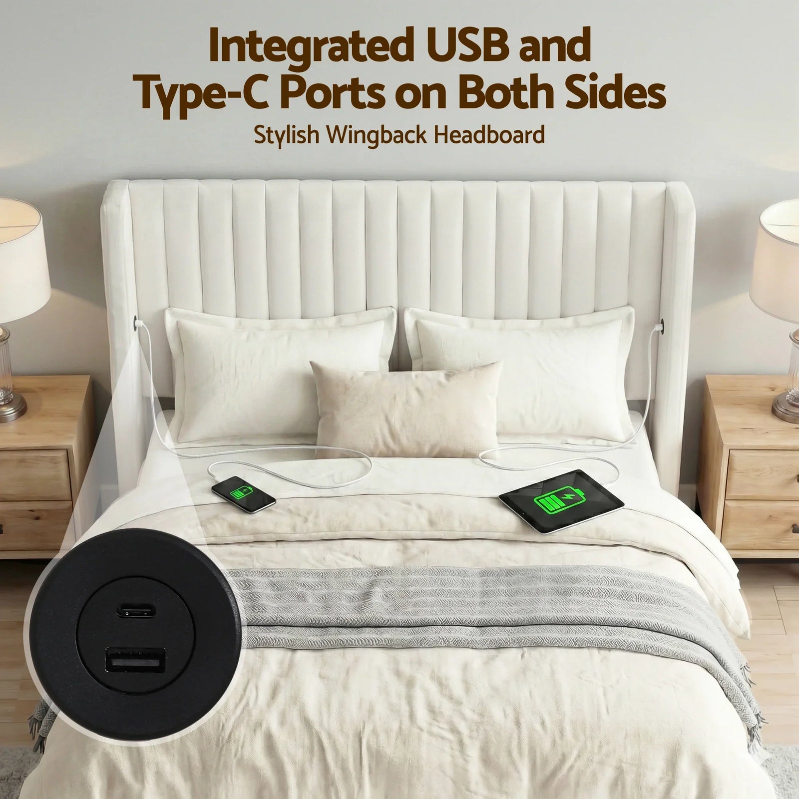 Queen Bed Frame with Gaslift Storage USB Type-C Charging Ports Velvet Upholstery White