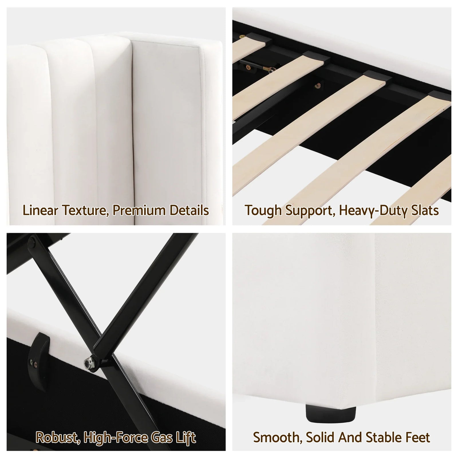 Queen Bed Frame with Gaslift Storage USB Type-C Charging Ports Velvet Upholstery White