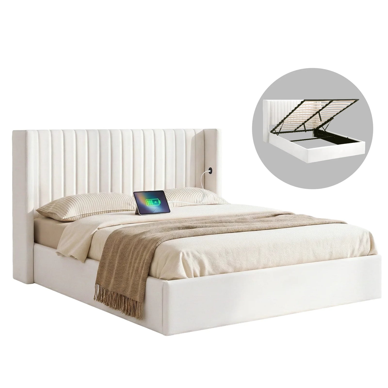 Queen Bed Frame with Gaslift Storage USB Type-C Charging Ports Velvet Upholstery White