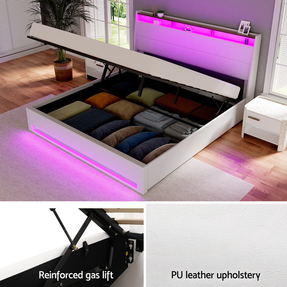 Bed Frame Gas Lift LED Beds Base Platform White PVC Leather Storage Headboard - King