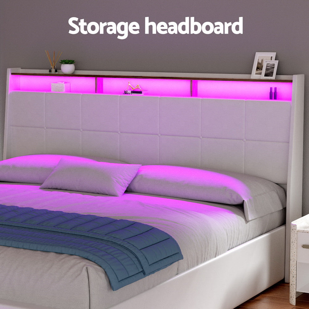 Bed Frame Gas Lift LED Beds Base Platform White PVC Leather Storage Headboard - King