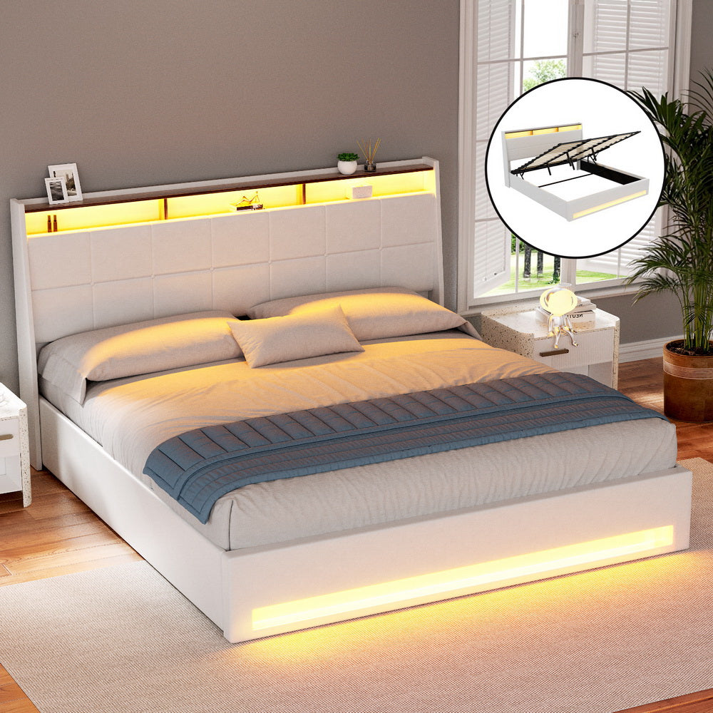 Bed Frame Gas Lift LED Beds Base Platform White PVC Leather Storage Headboard - King