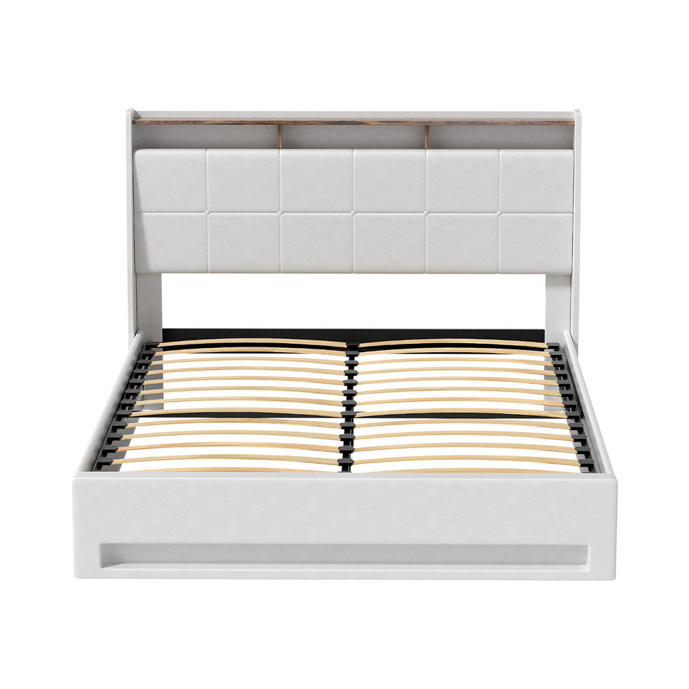 Bed Frame Gas Lift LED Beds Base Platform White PVC Leather Storage Headboard - Queen
