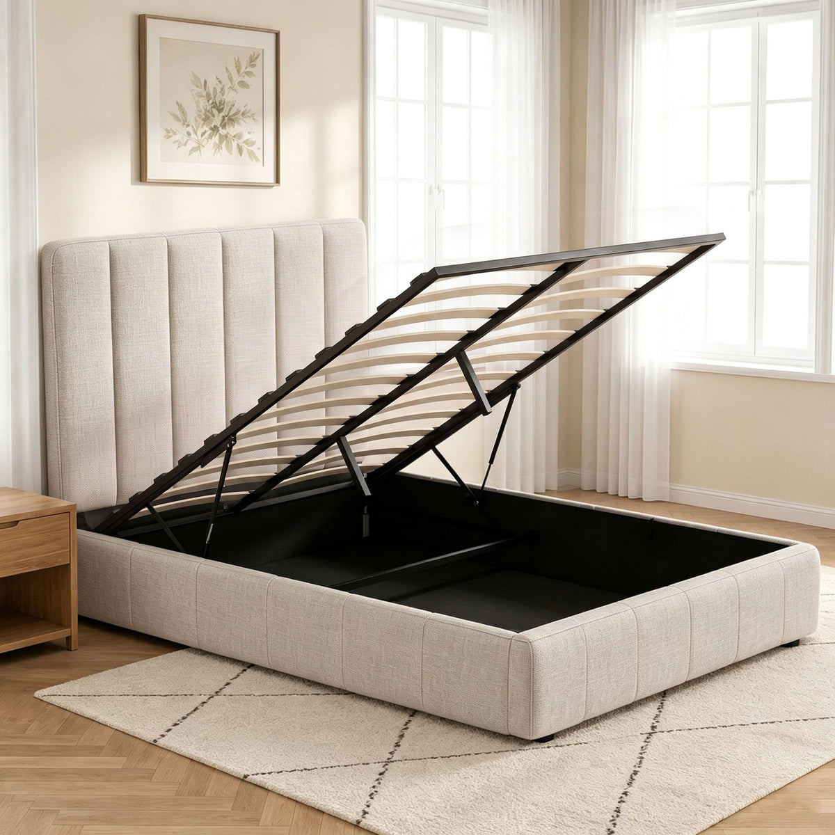 TETTE Double Bed Frame Gas Lift Storage Linen Beige