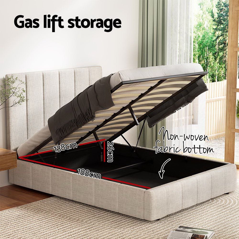 TETTE Double Bed Frame Gas Lift Storage Linen Beige