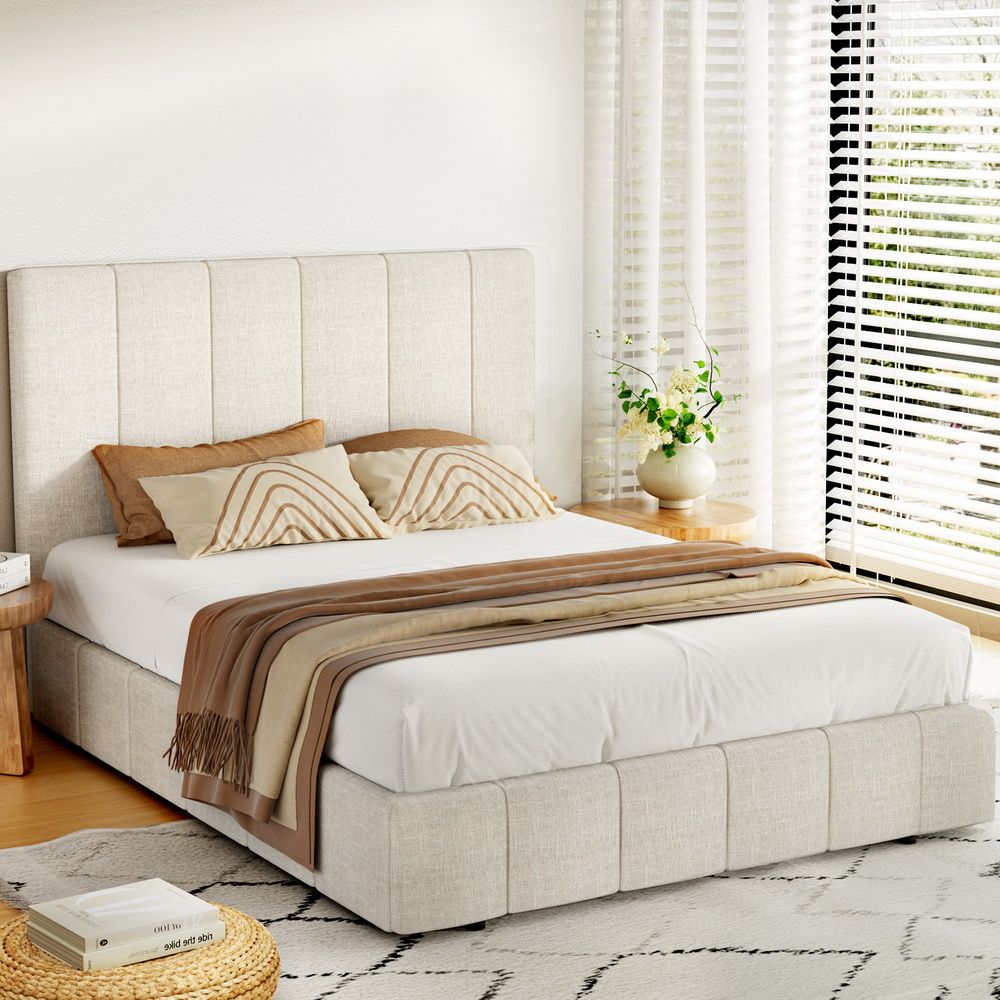 TETTE Queen Bed Frame Gas Lift Storage Linen Beige