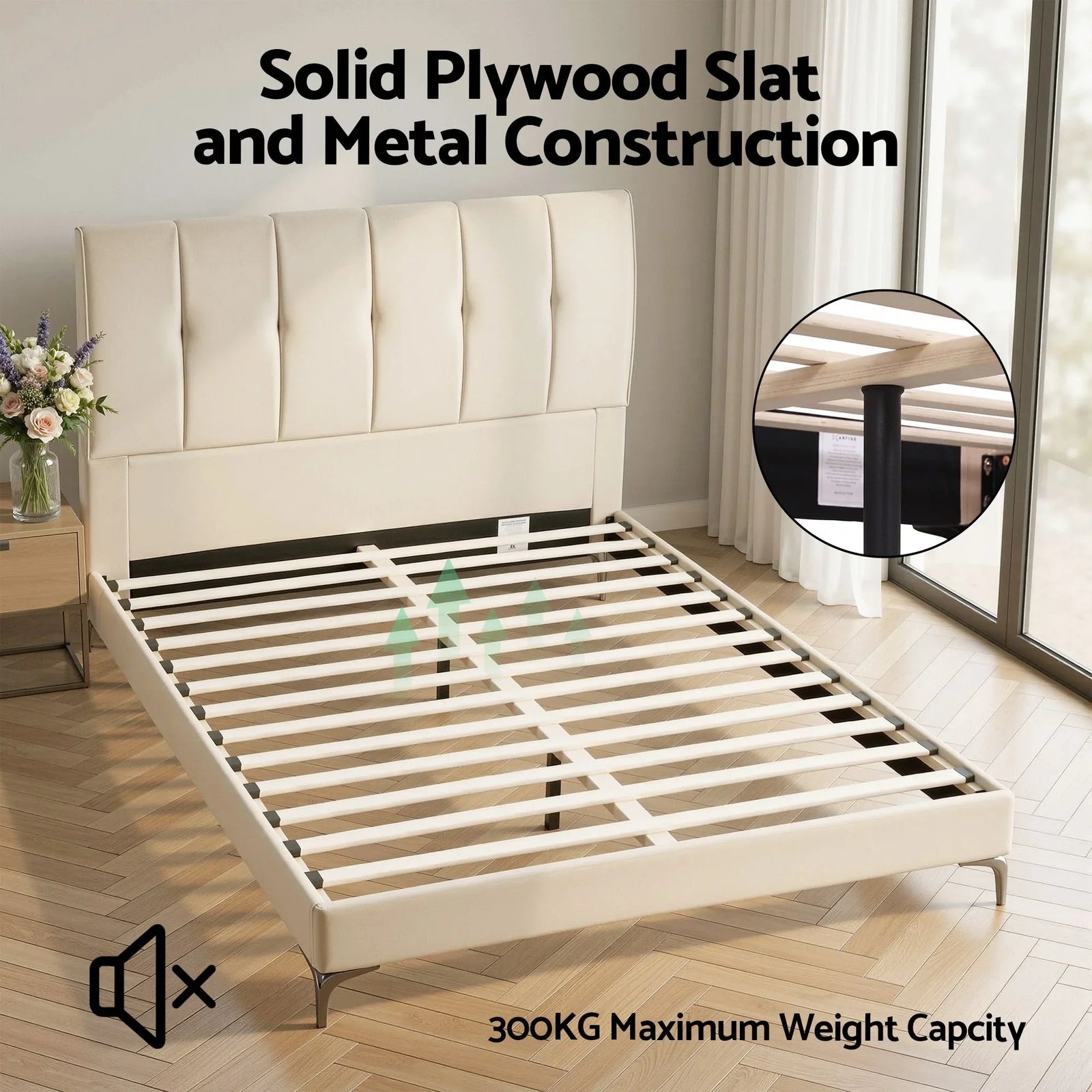 Queen Bed Frame Upholstered Platform Bed with Tufted Headboard 300kg Support