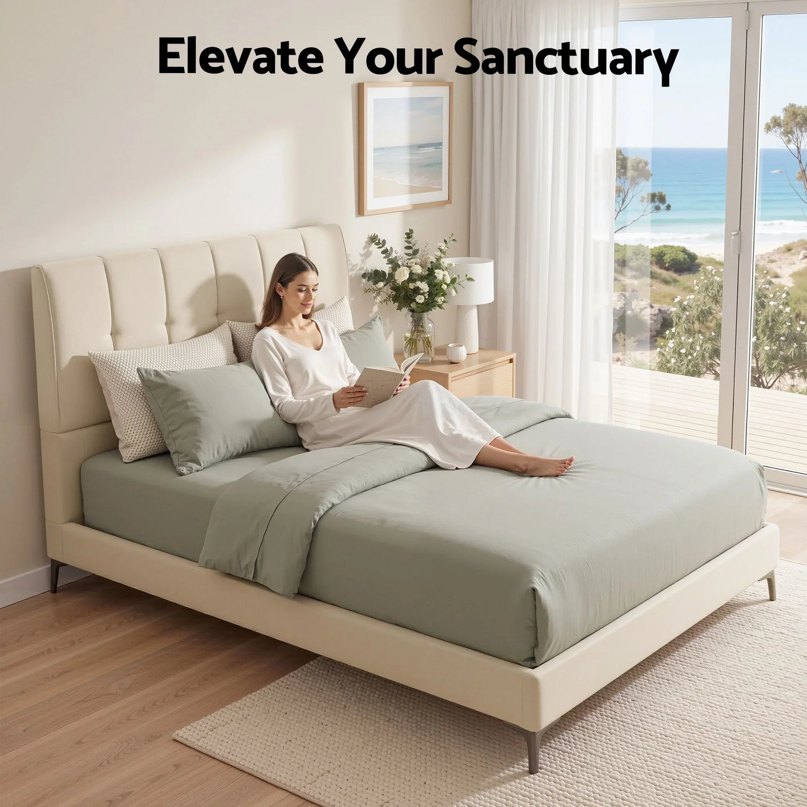 Queen Bed Frame Upholstered Platform Bed with Tufted Headboard 300kg Support