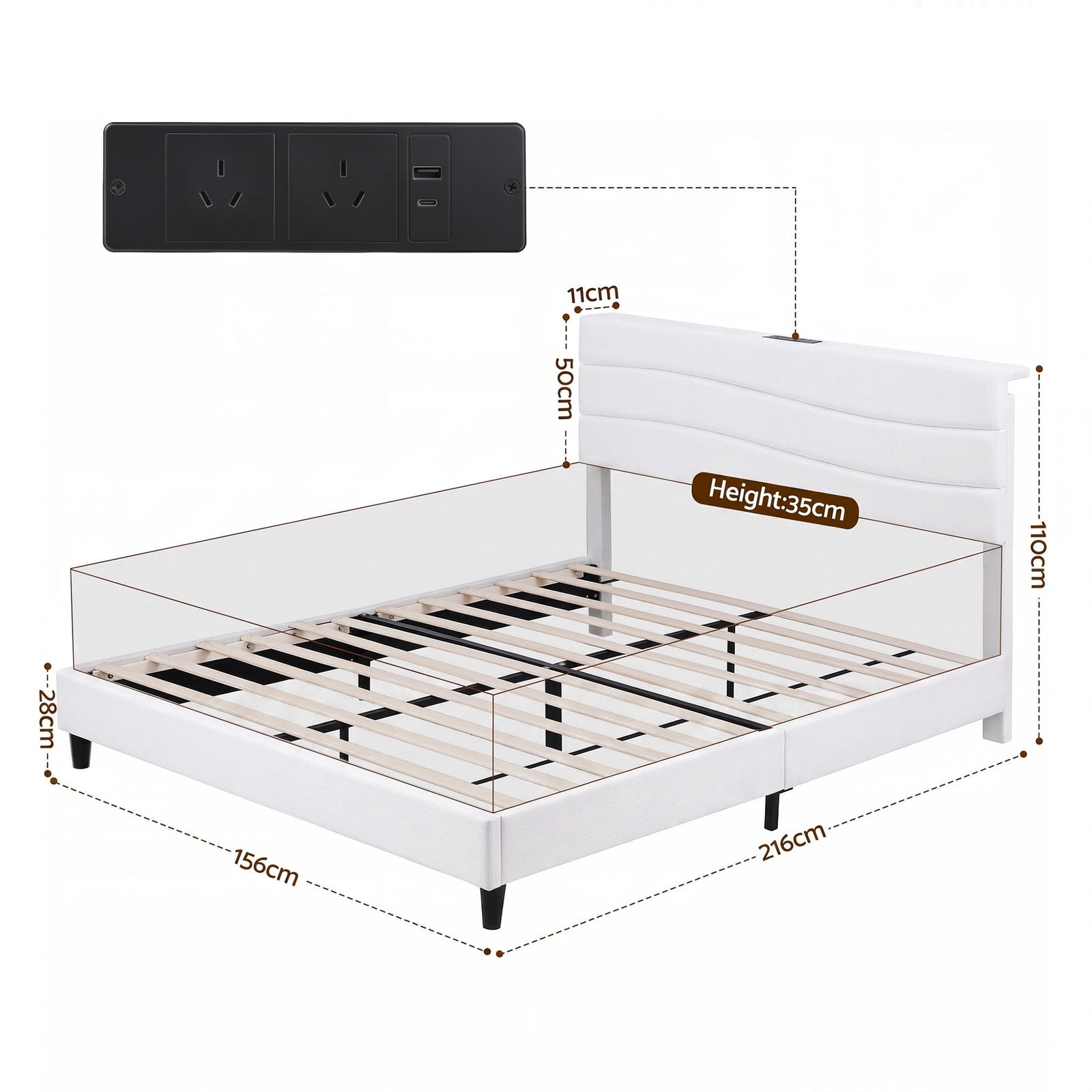 Queen Bed Frame with Storage Headboard Charging Ports Linen Beige