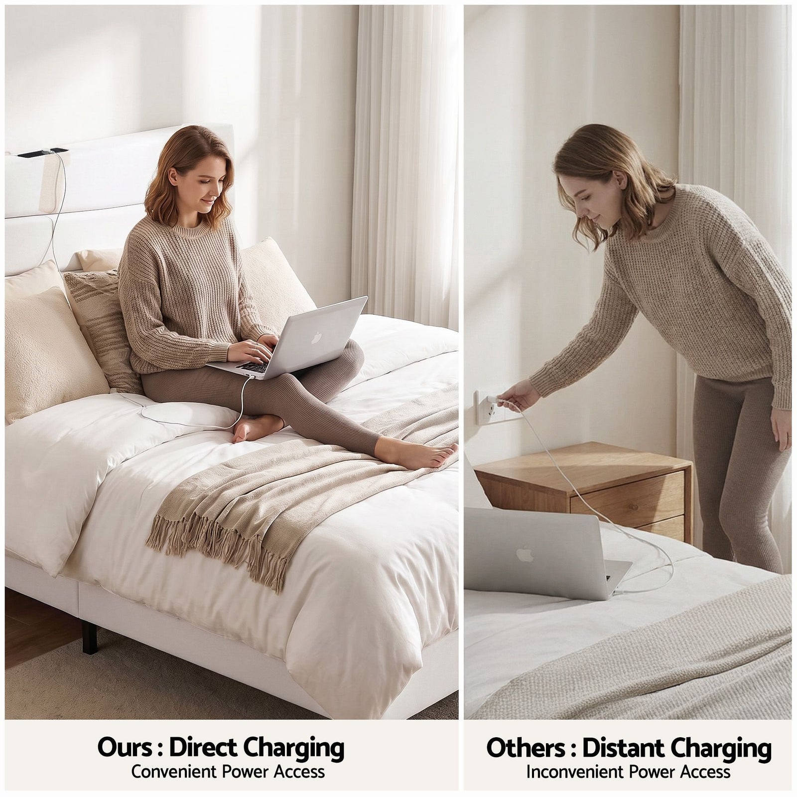 Queen Bed Frame with Storage Headboard Charging Ports Linen Beige