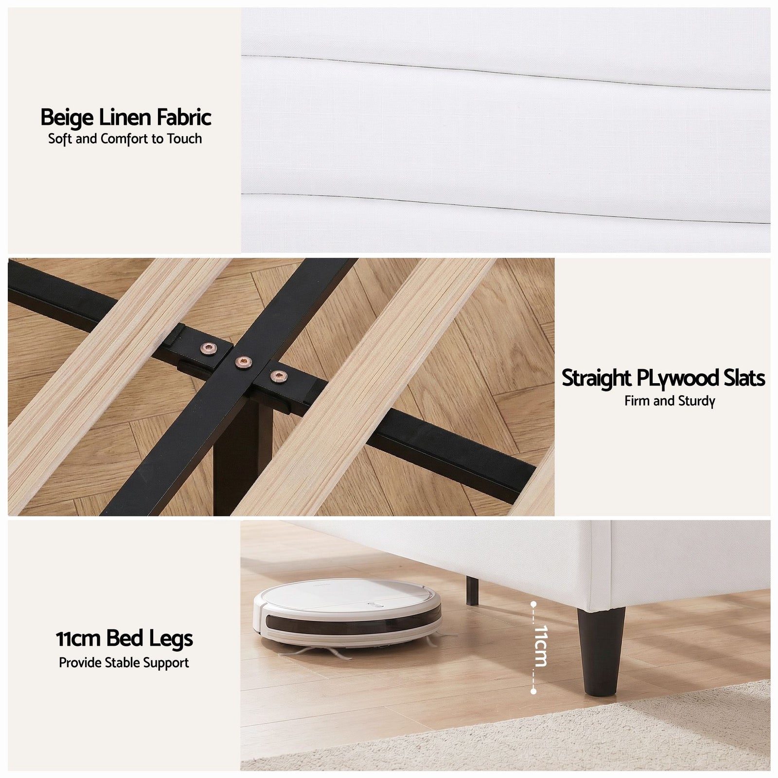 Queen Bed Frame with Storage Headboard Charging Ports Linen Beige