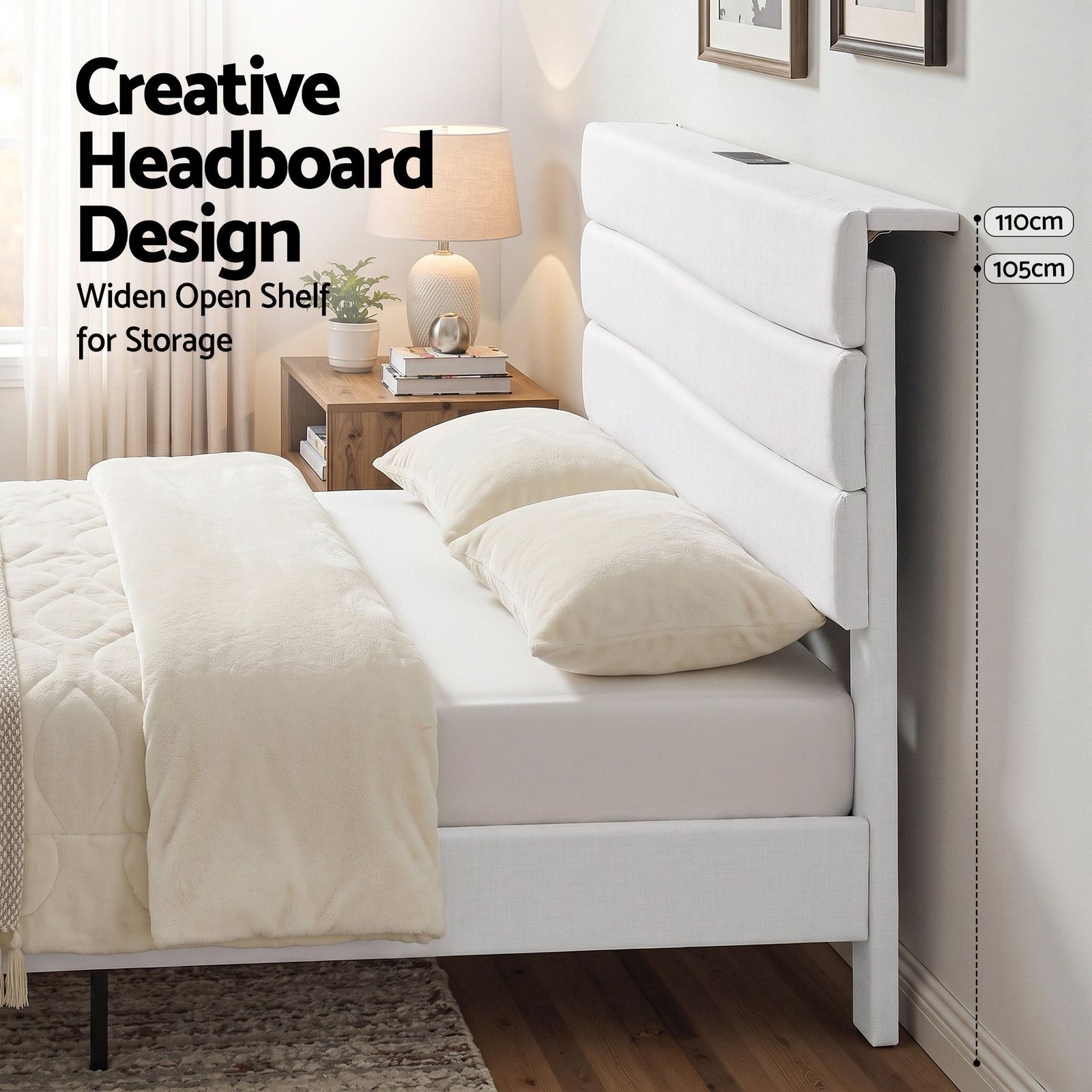 Queen Bed Frame with Storage Headboard Charging Ports Linen Beige