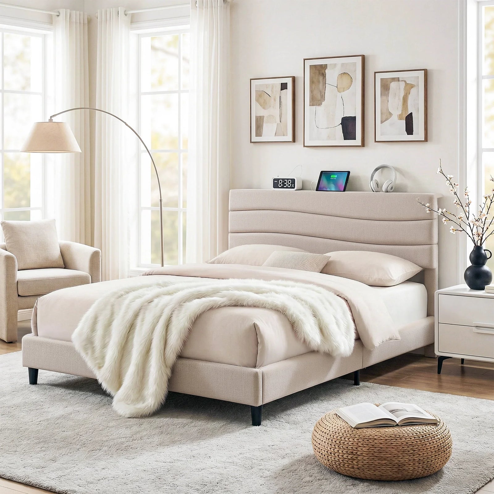 Queen Bed Frame with Storage Adjustable Headboard Platform Base Linen Fabric Charging Ports