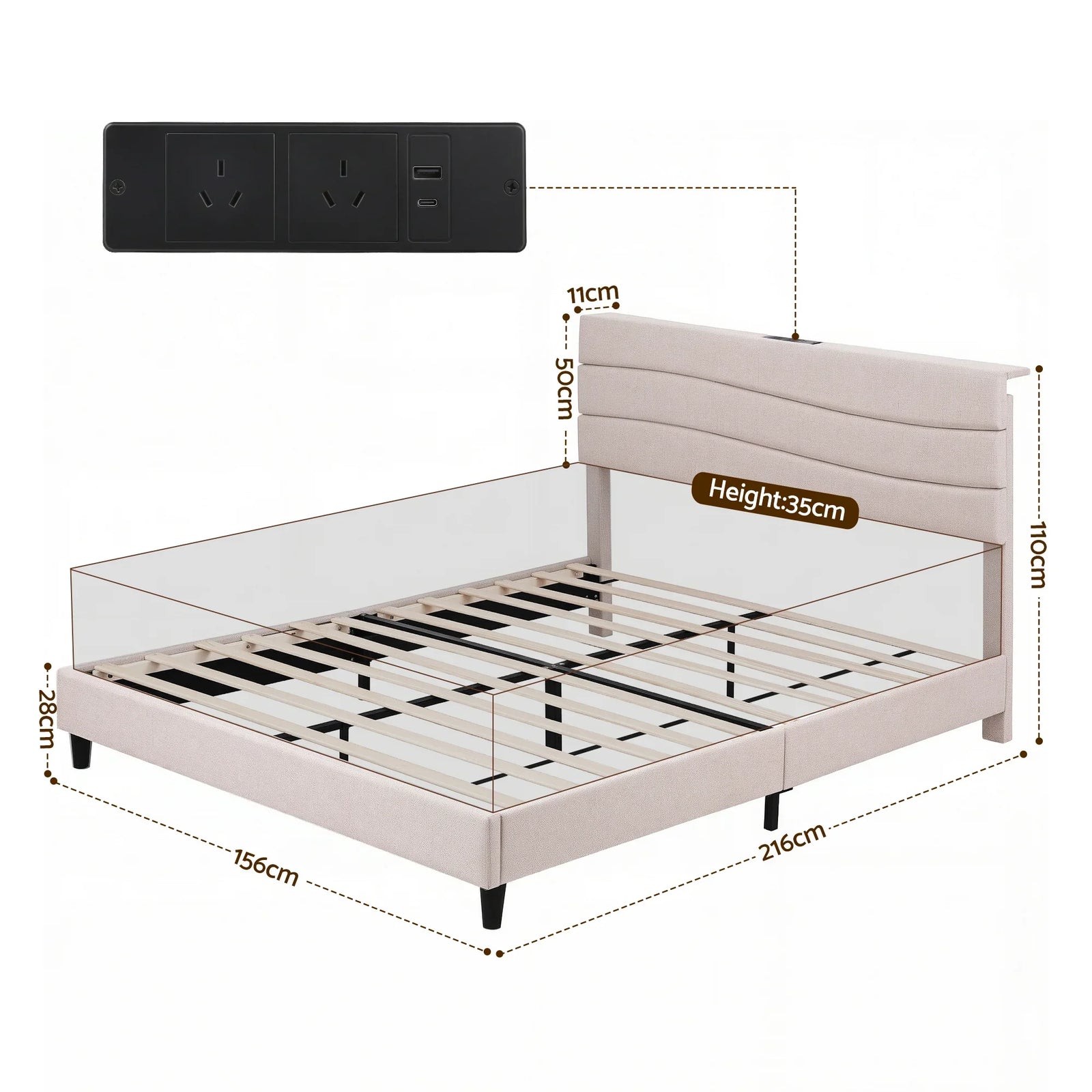 Queen Bed Frame with Storage Adjustable Headboard Platform Base Linen Fabric Charging Ports