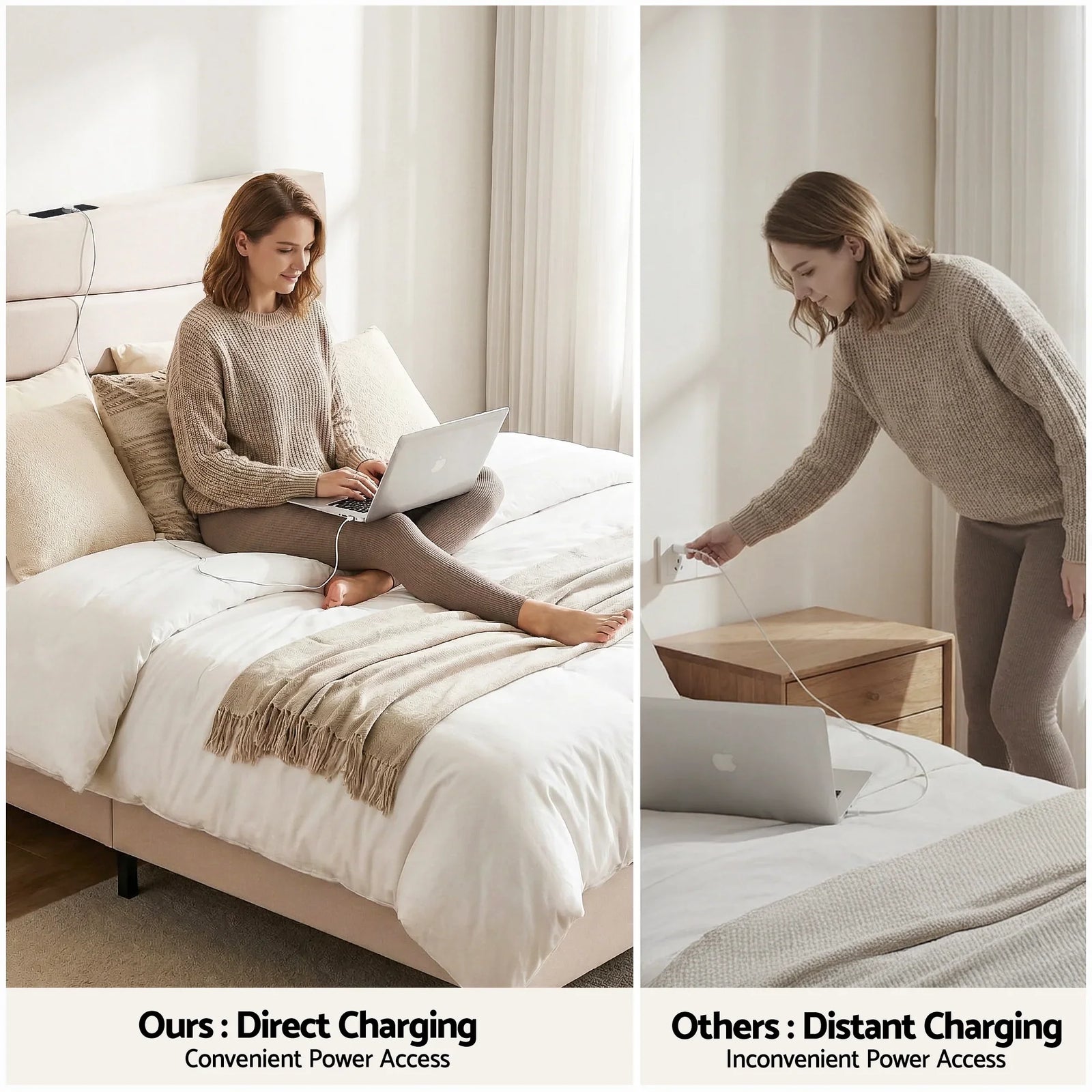 Queen Bed Frame with Storage Adjustable Headboard Platform Base Linen Fabric Charging Ports