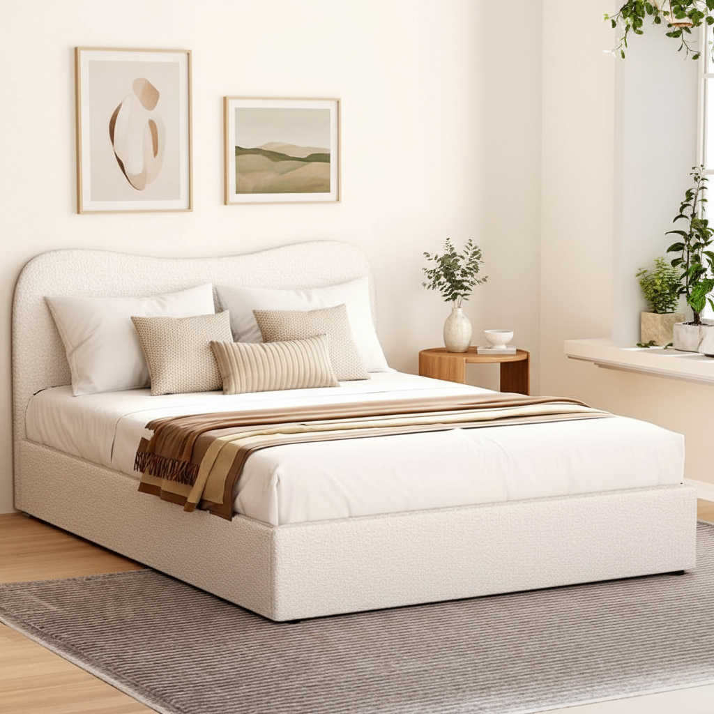 King Size Boucle Bed Frame Beige Upholstered Headboard Pine Wood Base