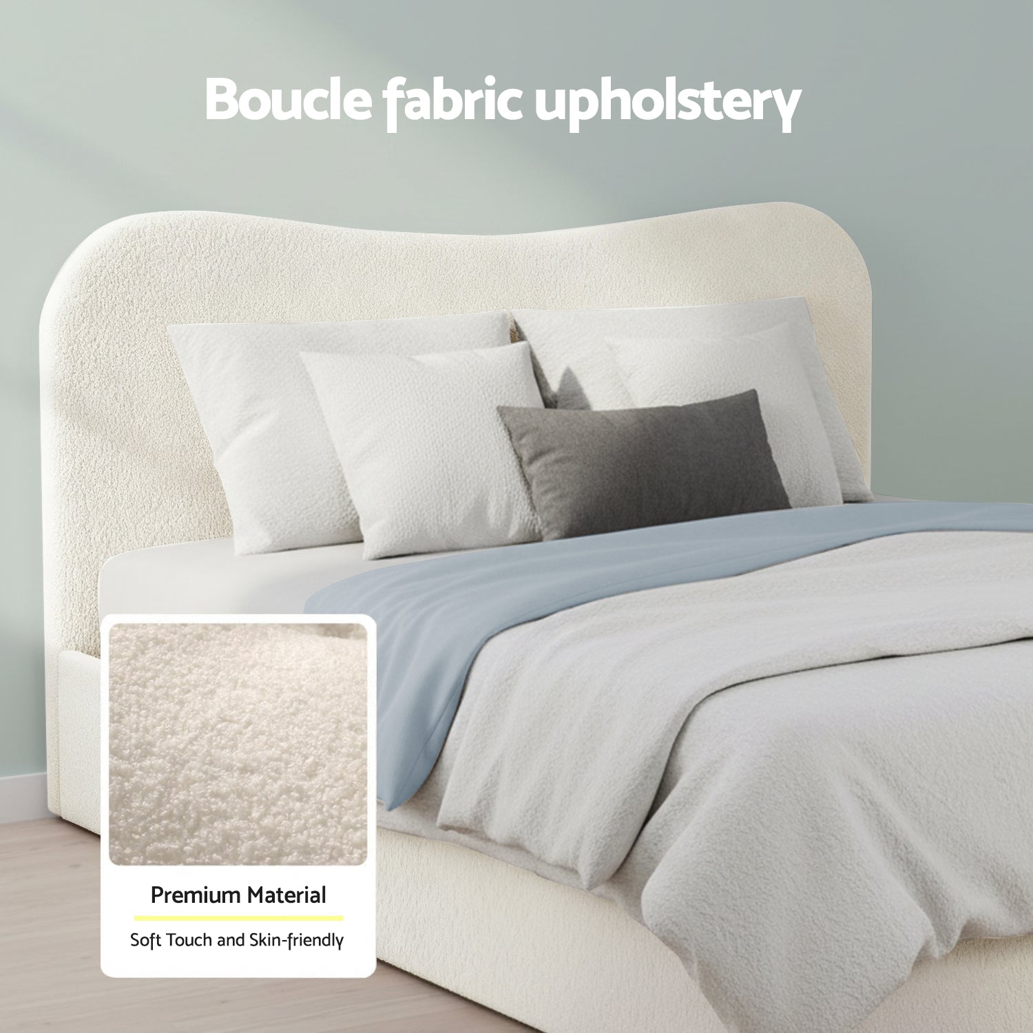 Double Bed Frame with Gaslift Storage Wooden Platform Mattress Base Boucle Upholstered White